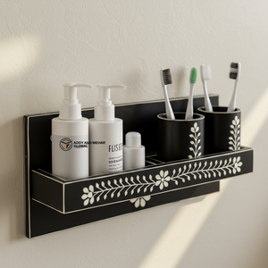 ชั้นวางของติดผนังลายดอกไม้สีดำพร้อมงานฝังกระดูกดำแบบพรีเมียม ชุดอุปกรณ์ห้องน้ำทำมือ ชั้นวางของติดผนังลายดอกไม้สีดำพร้อมงานฝังกระดูกดำ - Product Image 1