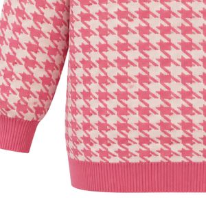 <b>Women</b> Pink White Houndstooth Knit <b>Cardigan</b> V Neck Gold Button Long Sleeve Embroidered Pocket Casual Fashion <b>Sweater</b> Jacket - Product Image 6