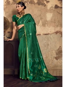KV Jungle Green Banarasi Handloom Silk & Cotton Traditional Party Wear <b>Saree</b> Hand Drawn Design Wrinkle-Free Unstitched <b>Blouse</b> - Product Image 1