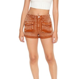 Shorts en jean taille haute pour femme, couleur corail unie, cinq poches, fermeture boutonnée, style décontracté, finition délavée au sable - Product Image 5