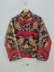 Women's Knitted Bomber <b>Jacket</b> <b>Mandarin</b> <b>Collar</b> Floral Hand Embroidery Full Sleeve Autumn Style Breathable 100% Cotton - Product Image 5