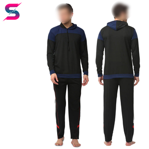 Survêtement à capuche pour homme, noir et bleu, blocs de couleur, manches longues, pantalon de jogging sportif avec poches latérales, respirant, polyester et coton, pour l'automne - Product Image 3