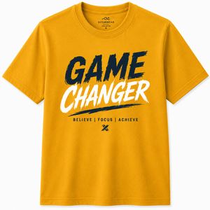 Camiseta de Hombre Amarillo Mostaza con Estampado Game Changer, Manga Corta, Cuello Redondo, Corte Regular, Informal, 100% Algodón, Transpirable, con Letras - Product Image 1