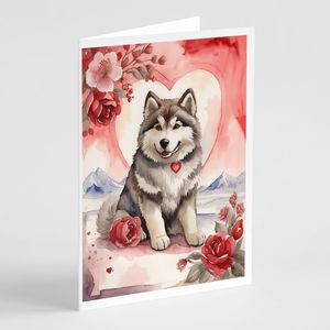 Alaskan Malamute Valentine Roses Whimsical A7 Tarjetas de notas en blanco Paquete de 8 con sobres Tarjetas de felicitación de tamaño 5x7 - Product Image 1