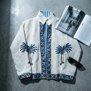 Veste en lin pour femme à imprimé palmiers et fleurs, col rabattu, style décontracté pour les vacances - Product Image 1