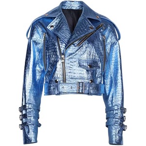 Blue Shiny <b>for</b> <b>Leather</b> <b>Jacket</b> <b>Women</b> Motorcycle Outerwear Custom Logo Winter Fashion Coat Canvas 100% Polyester <b>Bomber</b> - Product Image 5