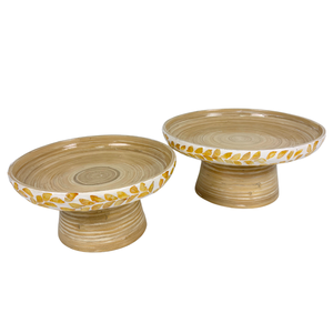 Bol de fruits rond en bambou fait à la main avec piédestal d'incrustation de Capiz de feuille jaune pour la décoration intérieure de cuisine pour les fêtes - Product Image 6