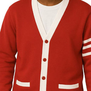 Men's Red V-Neck <b>Cardigan</b> <b>Sweater</b> with White Trim and Button Closure Full Sleeve Thick Winter Wool Blend - Product Image 4