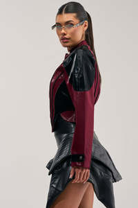 Chaqueta Bomber de Mujer en Cuero Sintético con Bloques de Color, Manga Larga, Cuello Alto, Cierre de Cremallera, Estilo Moto, Moda de Invierno - Product Image 3
