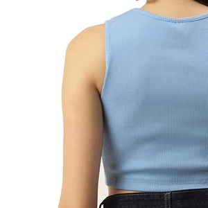 Light Blue Ribbed Seamless Spandex/Nylon Tank <b>Top</b> O-Neck Sleeveless Breathable Stretchy Casual <b>Women's</b> Regular Length High Waist - Product Image 5