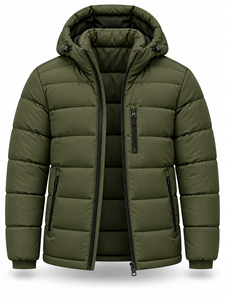 Men's Olive Green Hooded Puffer <b>Jacket</b> Waterproof Quick Dry Front Windproof Zipper Closure 100% Polyester Winter <b>Casual</b> Coat - Product Image 3
