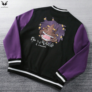 Custom Two Tone Varsity Jacket Black Purple Sleeves Contrast Ribbed Cuff Men Baseball Jacket Blank Fleece Bomber Jackets - Product Image 2