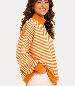 Trendy Horizontal Striped Mock Neck Sweatshirt Casual Loose Fit <b>Drop</b> Shoulder Pullover Custom Brand Collegiate Women Clothing - Product Image 2