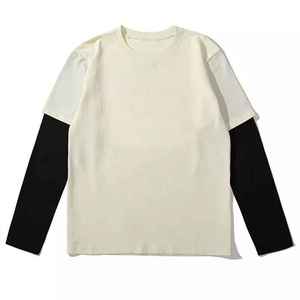 Men's Long Sleeve T-Shirt <b>White</b> With Black Contrast Sleeves O-Neck Casual 100% Cotton Jersey Knitted Regular Fit - Product Image 5