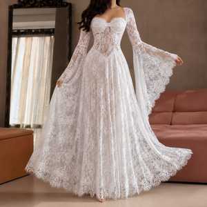 Robe de soirée longue élégante pour femme, en dentelle Chantilly blanche, imprimé floral, appliques classiques, écologique, transparente, avec corset et coupe cloche - Product Image 1
