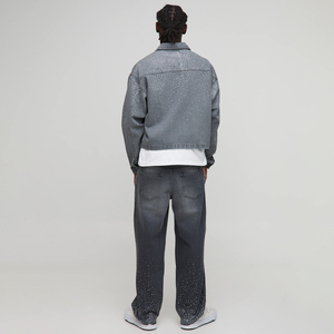 Pantalones Vaqueros Grises Lavados con Estampado de Diamantes de Imitación de Pierna Recta para Hombre, Estilo Urbano, Ajuste Relajado, Cintura Media, con Cinturón, de Mezclilla, ¡Venta Caliente! - Product Image 2