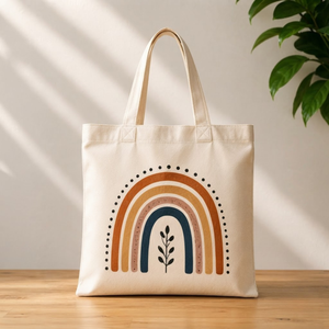 Boho Rainbow Cotton <b>Canvas</b> Tote Bag Eco Friendly Cream Large Capacity Earth Tone Arch Shoulder <b>Handbag</b> Reusable Shopping Tote - Product Image 1