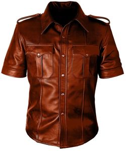 Chemise décontractée à manches courtes pour homme, aspect cuir marron, col rabattu, couleur unie, tenue d'été - Product Image 4