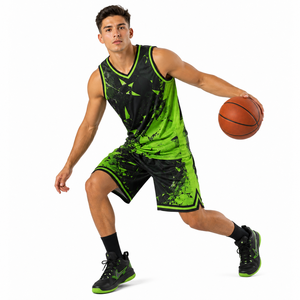 Ensemble de maillot de basket-ball unisexe noir et vert géométrique sublimé, col en V, sans manches, respirant, uniforme sportif printemps-automne - Product Image 5