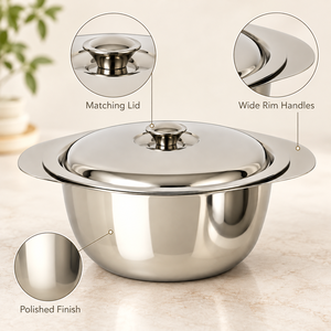 Polished Stainless Steel Bowl With Lid Round Serving <b>Pot</b> for <b>Travel</b> Kitchen Dining - Product Image 3
