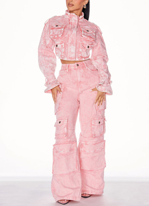 Custom ODM Women's Acid Wash <b>Denim</b> Crop Cargo <b>Jacket</b> Stand Collar Multi Pocket Button Front <b>Cropped</b> <b>Denim</b> Cargo Coat - Product Image 4