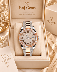 Reloj de Cuarzo con Moissanita de Lujo Raj Gems para Mujer, Caja de Acero Inoxidable, Correa de 20 mm, Números Romanos, 3 BAR, 1 Año de Garantía, Analógico - Product Image 1