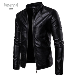 Men Genuine Leather Winter Breathable Stand Collar <b>Zip</b> <b>up</b> Biker Coat Black Regular Fit Custom OEM Service - Product Image 2