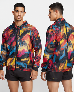 Conjunto Corto de Chaqueta Cortavientos con Capucha y Estampado Geométrico para Hombre, Ligero, de Secado Rápido, Estilo Urbano, con Cremallera Completa en la Manga - Product Image 4