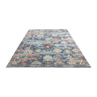 Hand Knotted Pure Wool Wrinkle-Resistant Thin Area Rug-Low Pile Loop Blue & Rust Floral Oriental Carpet for Modern Living Room