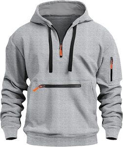 Sweat-shirt décontracté pour homme, couleur kaki, avec fermeture éclair sur le devant et fermeture éclair sur la manche, coupe classique, 100% coton molletonné respirant - Product Image 6