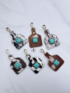 Custom Designer Hair on Hide Cowhide Leather <b>Keyrings</b> Genuine Leather Turquoise Stone Western Stylish Key Chain Hot Sale <b>Mini</b> Ba - Product Image 1