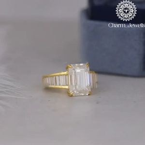 Charm_Jewells Women's Yellow <b>Gold</b> Plated Emerald Cut Moissanite <b>Cocktail</b> <b>Ring</b> Channel Setting Luxury Geometric Design - Product Image 6