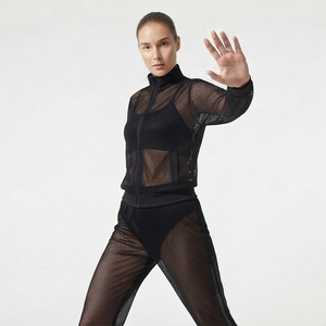 Ensemble de survêtement transparent léger pour un look tendance, veste et pantalon transparents, 100% polyester, noir, maille transparente, unisexe - Product Image 5