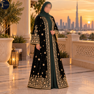 Tela de Terciopelo Negro con Bordado Floral Dorado y Borde Ornamentado |   Motivos Florales Delicados y Dobladillo Decorativo para la Confección de Abayas - Product Image 4
