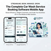 Logiciel de réservation de lavage de voitures, développement d'applications mobiles, planification automatisée, gestion des clients, alertes push pour Android, iOS et Web