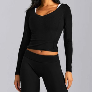 Compression Quick Dry Four Way Stretchable Women's Deep Neck Anti-Pilling Material Ribbed Crop Length Exercise <b>Long</b> <b>Sleeve</b> - Product Image 4