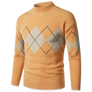 Men's Orange <b>Argyle</b> Knit Pullover <b>Sweater</b> Full Sleeve Autumn Wear - Product Image 1
