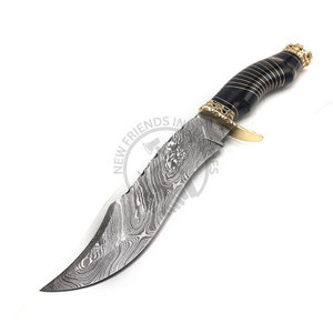 Cuchillo Bowie de Acero de Damasco Personalizado de Alta Calidad al por Mayor, Cuchillo de Hoja Fija Coleccionable para Caza con Mango de Latón y Cuerno de Toro - Product Image 1