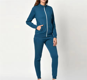 Conjunto de chándal de dos piezas de algodón grueso para mujer, de secado rápido, con sudadera con capucha y cremallera, talla grande, liso, para correr - Product Image 2