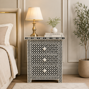 Indian Style Nightstand <b>Side</b> Table Carved Pattern Bedside Cabinet Three <b>Drawer</b> Accent Storage for Bedroom - Product Image 1