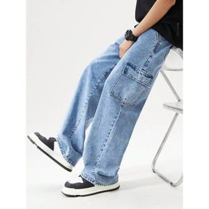 Jean cargo en denim bleu glace style rétro pour femme, 100 % coton, écologique, respirant, taille haute, thème vintage, pantalon tendance - Product Image 6