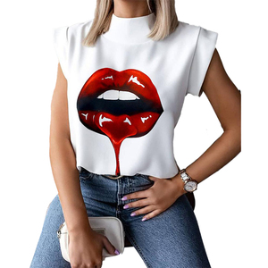 Top corto con estampado de dibujos animados para mujer, jersey de cuello alto con manga corta, sin mangas, blanco, informal, para primavera y verano - Product Image 3