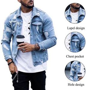 Hot Selling Custom Printed Distressed Hole Design Winter <b>Mens</b> <b>Denim</b> <b>Jackets</b> with Lapel Chest Pockets Waterproof & Breathable - Product Image 2