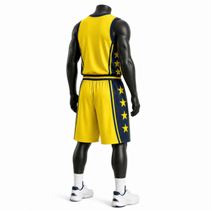 Ensemble de maillots de basket-ball respirants sublimés personnalisés, unisexe, short jaune bleu marine, col en V, uniforme sportif, motif étoiles, numéro 10 - Product Image 3