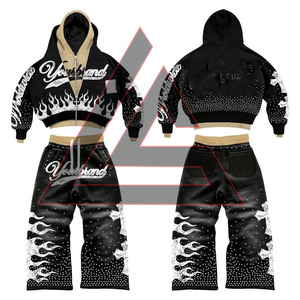 OEM Custom Rhinestone Hoodie Men Oversized Cropped Acid Wash Zip up Distressed Vintage Double <b>Belt</b> <b>Trouser</b> and Hoodie Set - Product Image 5
