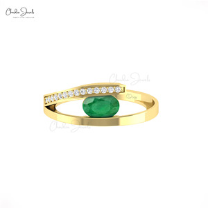 Fournisseur de bijoux faits main, bague de fiançailles en or massif 14 carats avec diamant G-H, émeraude naturelle 7x5mm, bague bypass, prix usine. - Product Image 3