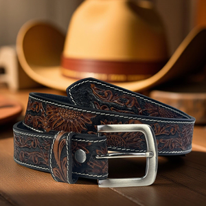 Cinturón de Cuero Genuino Occidental con Grabado Floral Tallado a Mano y Hebilla Plateada, Estilo Vintage Occidental, Uso Casual para Hombres y Mujeres - Product Image 6