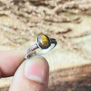 Bague œil de tigre, bague bohème avec pierre ovale pour femme, en laiton plaqué argent, bijoux minimalistes, cadeau, vente en gros - Product Image 6