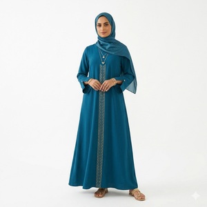 Robe Abaya musulmane bleue à manches longues, robe Maxi Jilbab avec foulard intégré pour femmes - Product Image 2