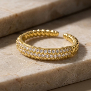 RAAMAA 18K Yellow Gold Adjustable Double Row Pave <b>Open</b> <b>Ring</b> Featuring Cut Lab Grown Diamonds Twisted Rope Band Women's - Product Image 2